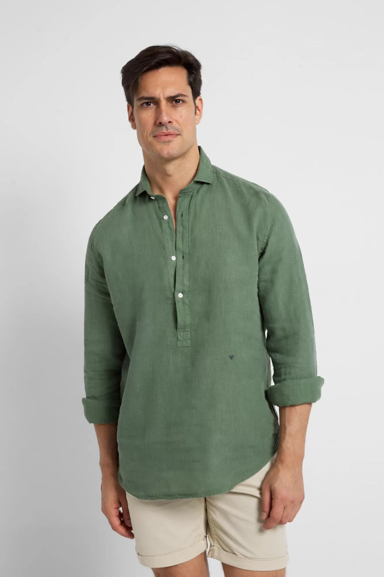 Shop Silbon Natural Linen Polo Shirt Green