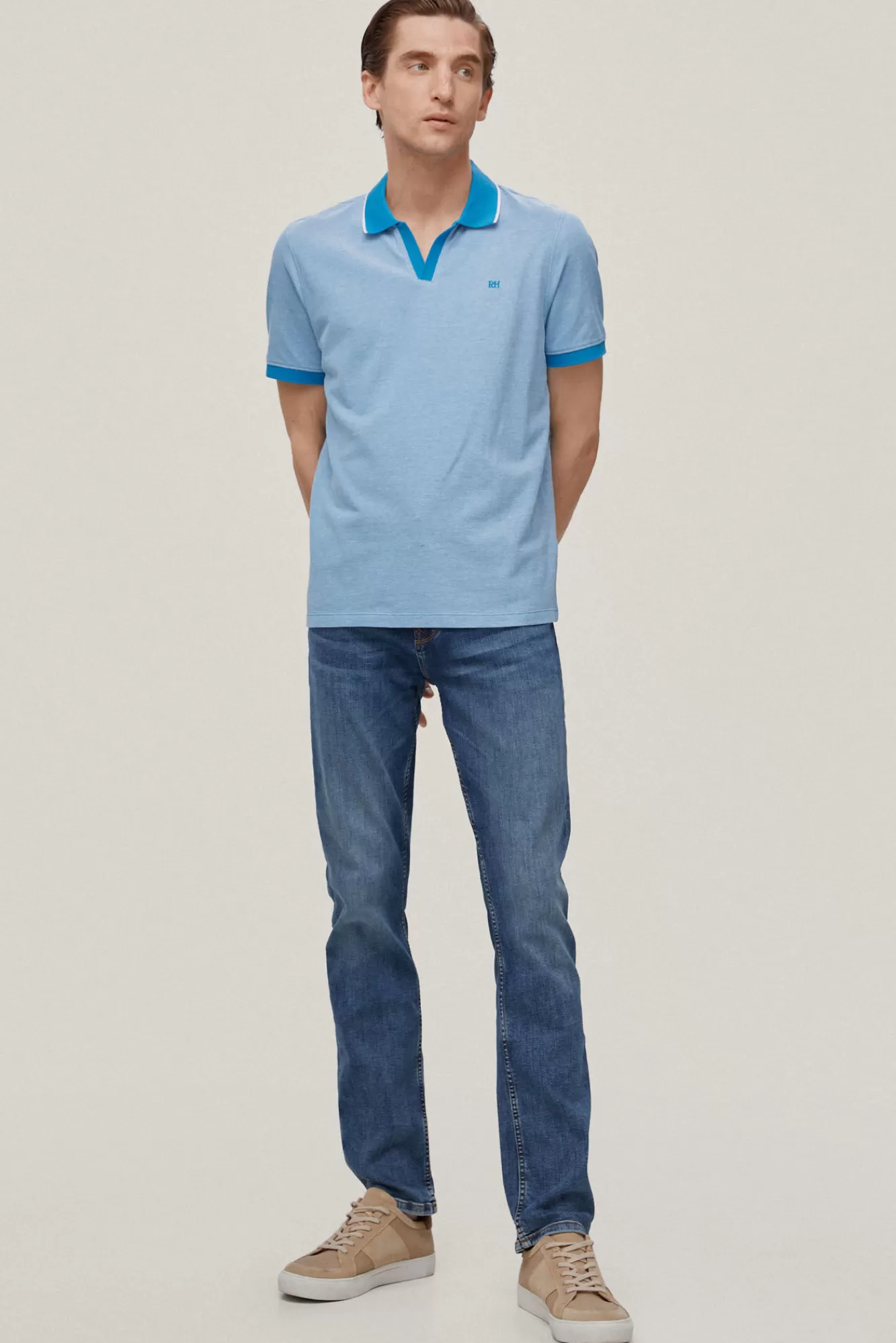 Cheap Pedro del Hierro Open Neck Oxford Polo Shirt Turquoise