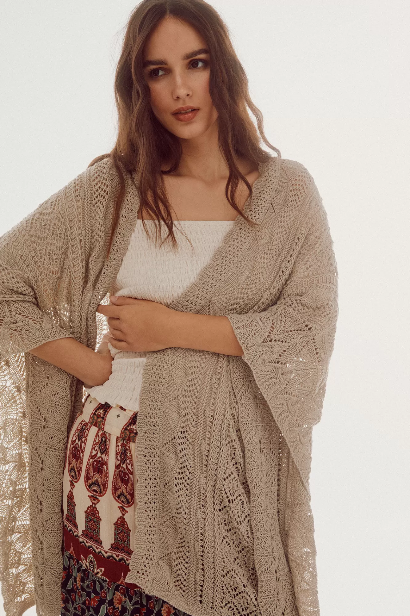 Online Slowlove Open-Knit Poncho Nude