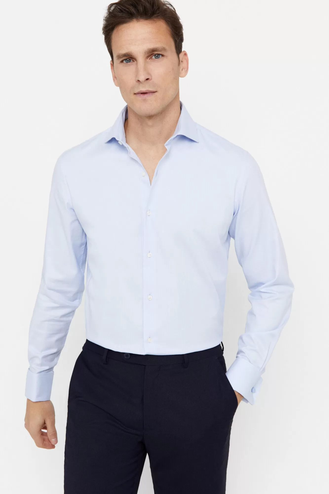 Flash Sale Cortefiel Plain Easy-Iron Structured Dress Shirt With Cuffs And Cufflinks Blue