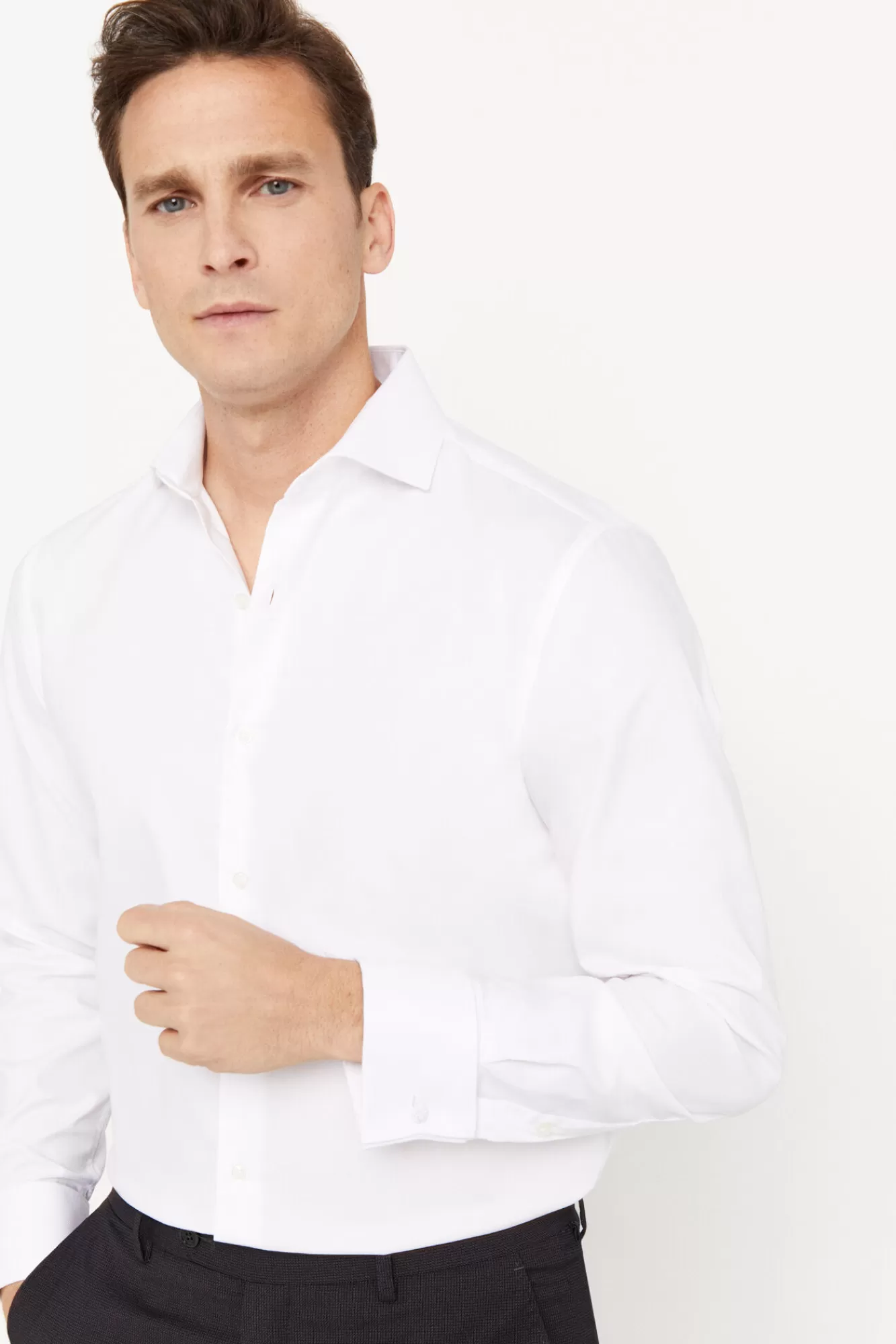 Best Sale Cortefiel Plain Easy-Iron Structured Dress Shirt With Cuffs And Cufflinks White