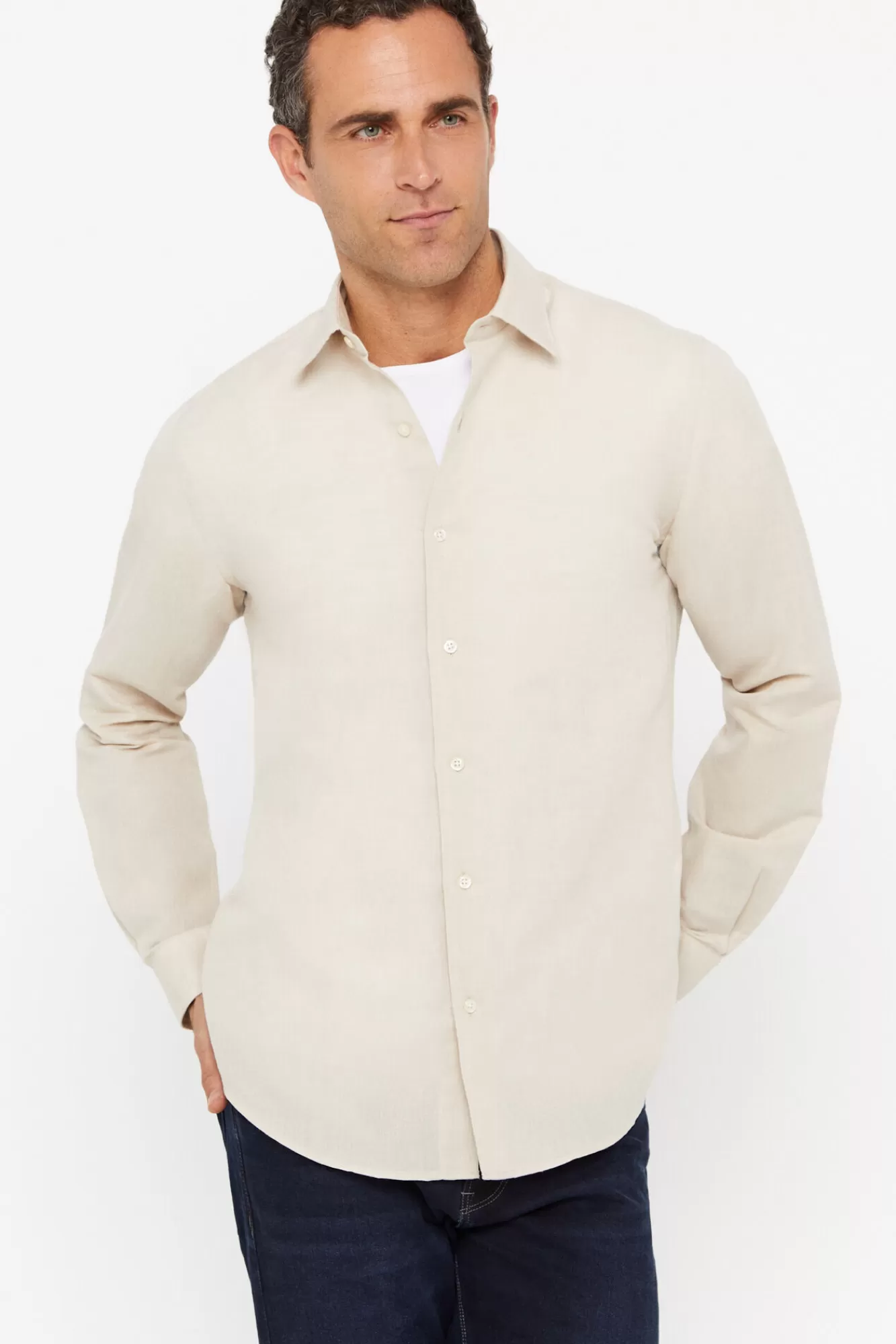 Hot Cortefiel Plain Linen Cotton Shirt Beige