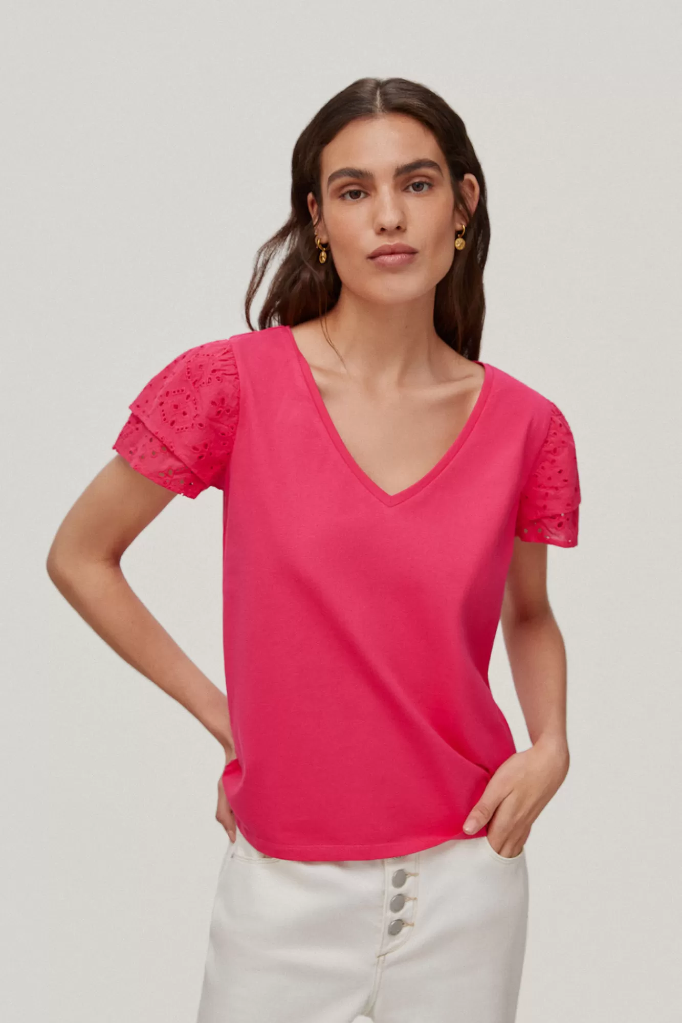 New Pedro del Hierro Plain Openwork Short-Sleeved T-Shirt Pink