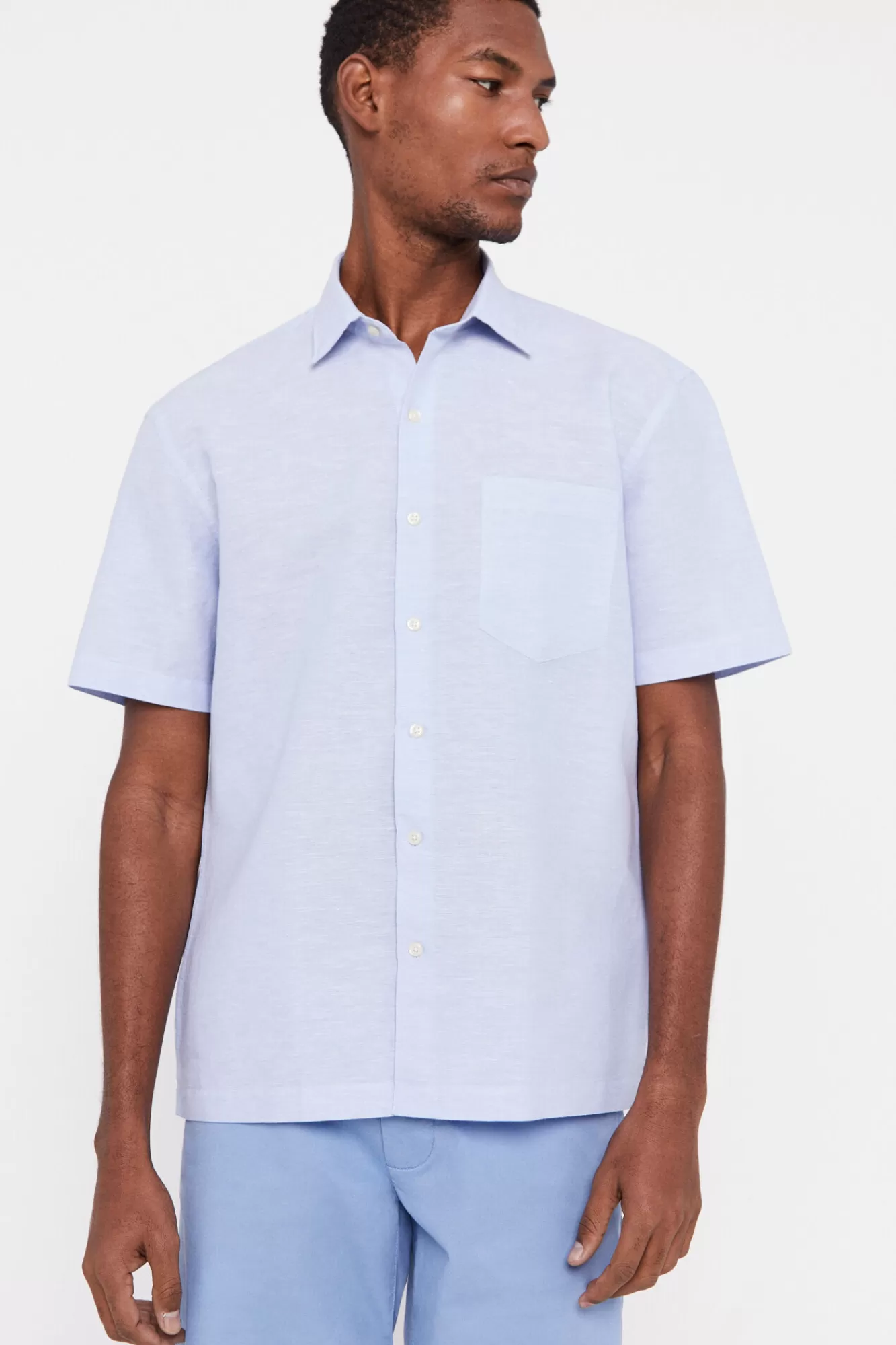 Shop Cortefiel Plain Short-Sleeved Linen And Cotton Shirt Blue