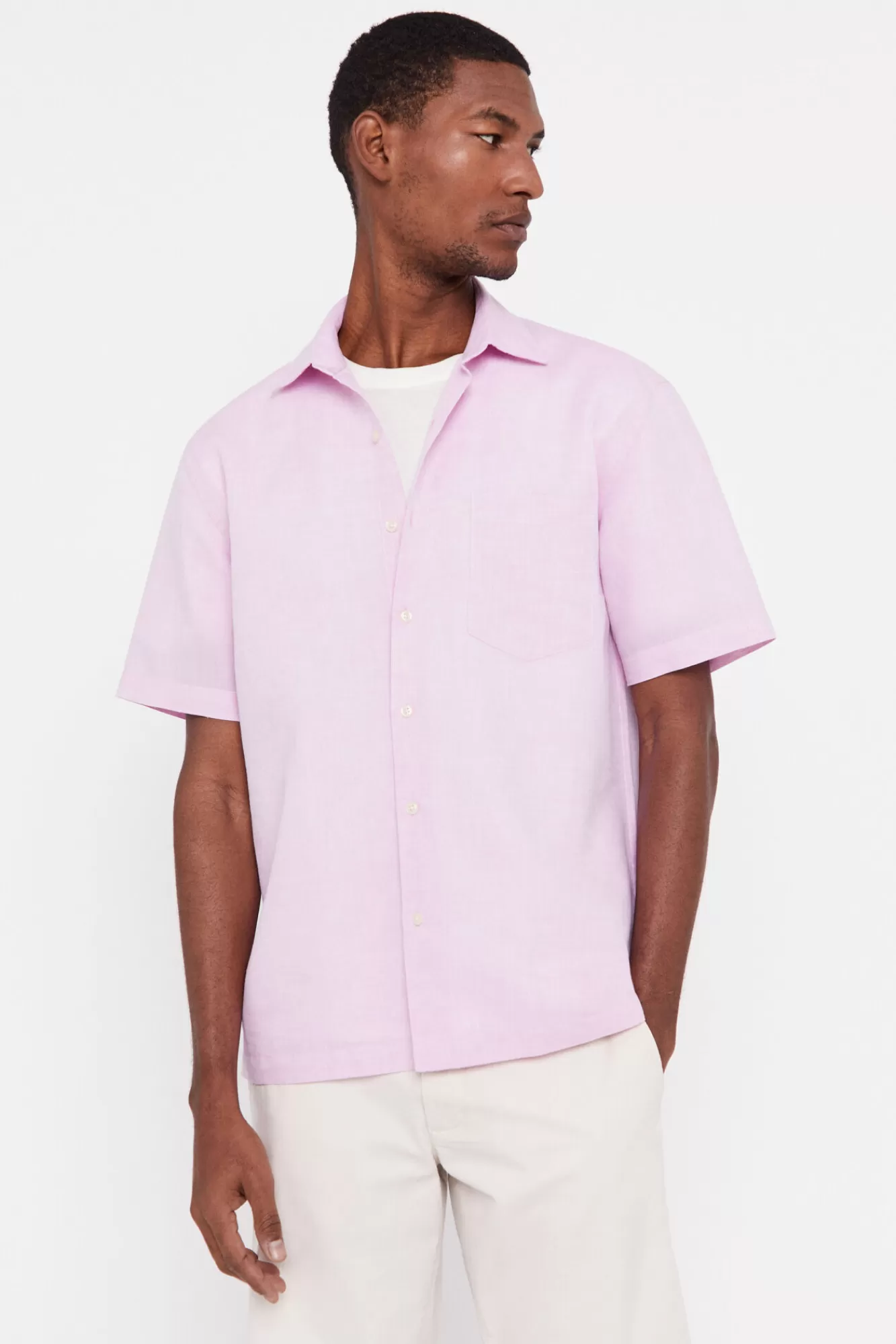 Cheap Cortefiel Plain Short-Sleeved Linen And Cotton Shirt Pink