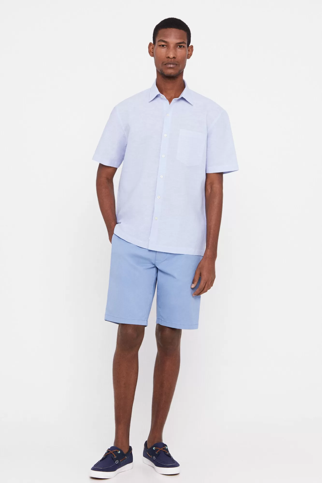 Shop Cortefiel Plain Short-Sleeved Linen And Cotton Shirt Blue