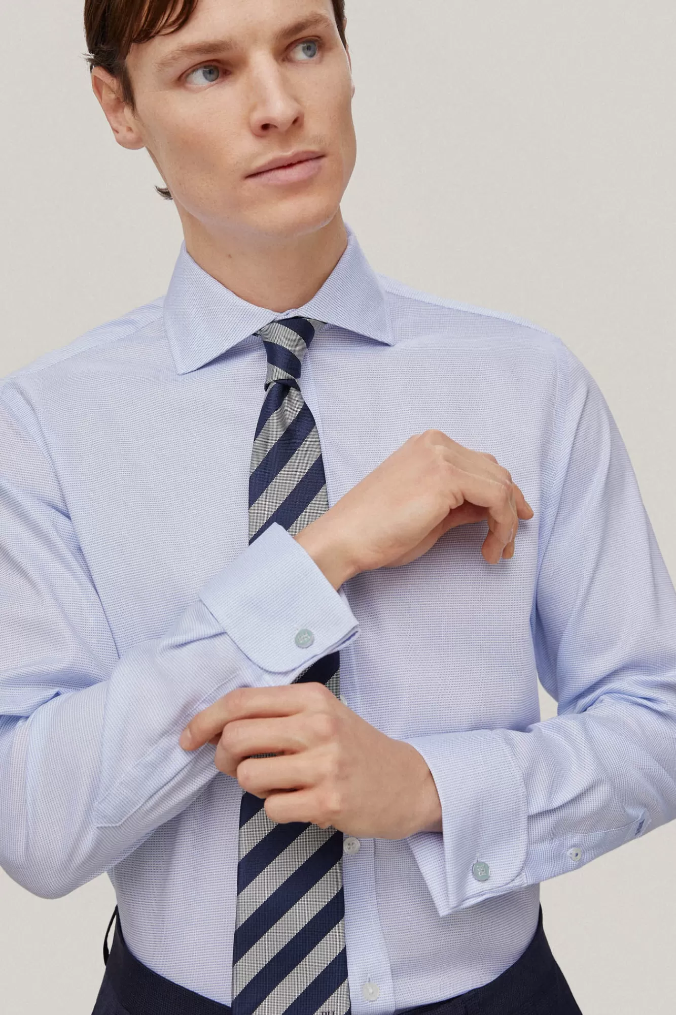 Fashion Pedro del Hierro Plain Structured Cuff Link Dress Shirt, Non-Iron + Stain-Resistant Blue