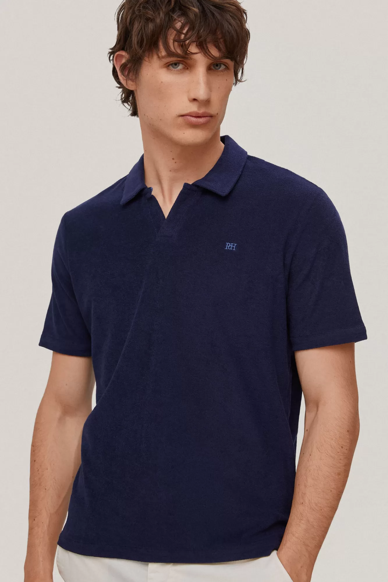 Store Pedro del Hierro Plain Towelling Open Neck Polo Shirt Blue