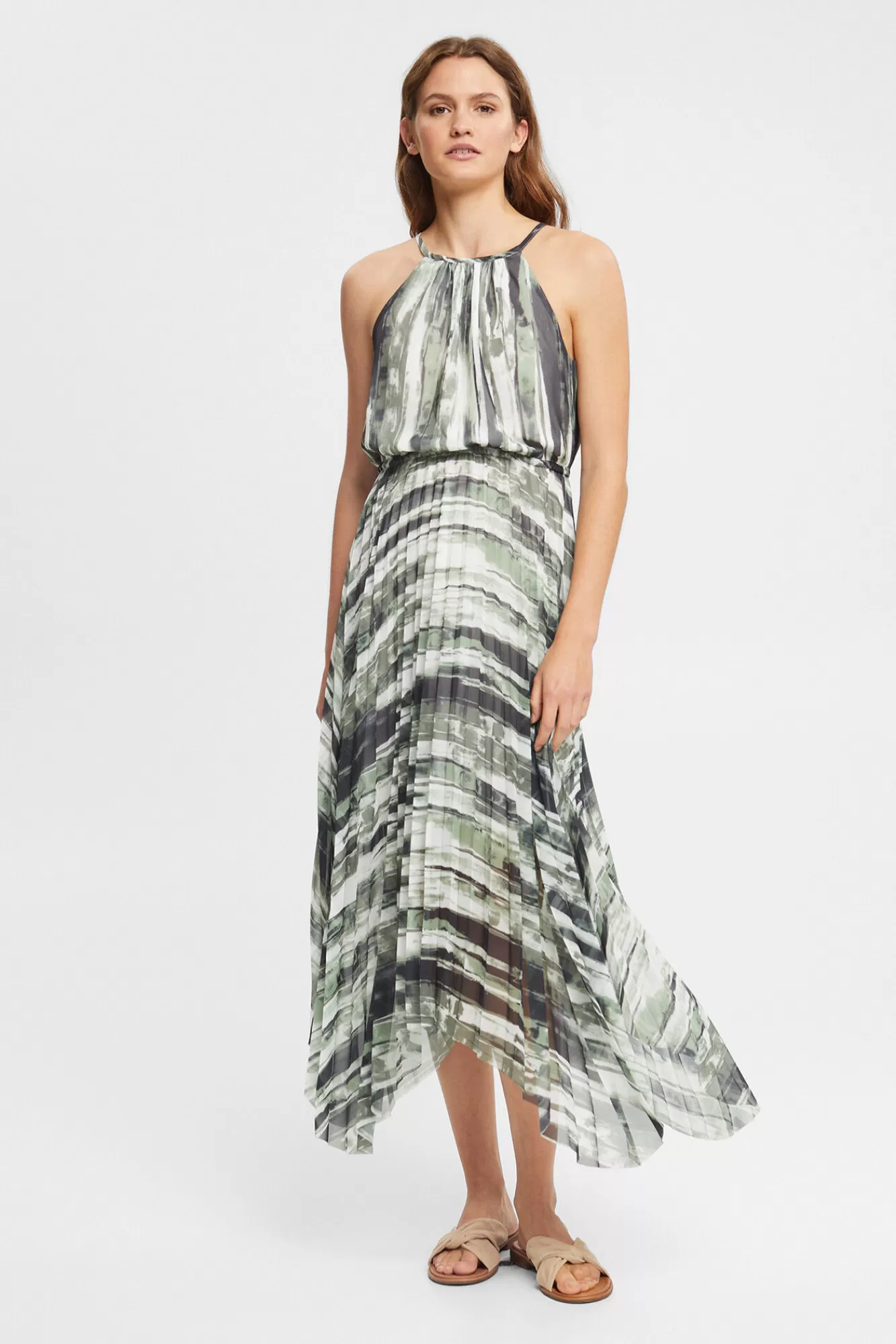 Sale Esprit Pleated Printed Chiffon Midi Dress Printed Green