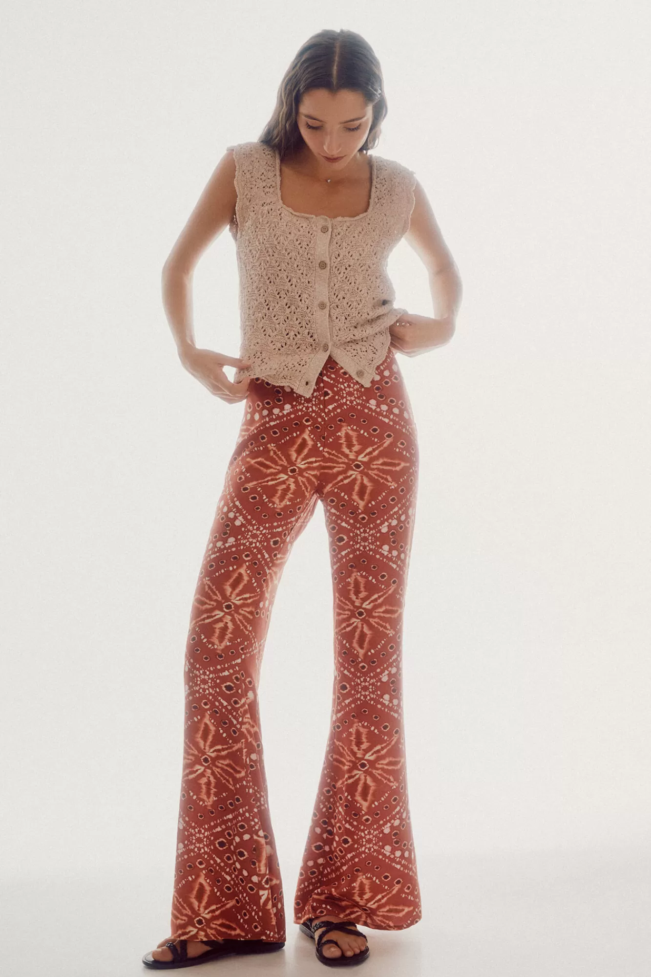 Clearance Slowlove Printed Bell-Bottom Trousers Printed Brown