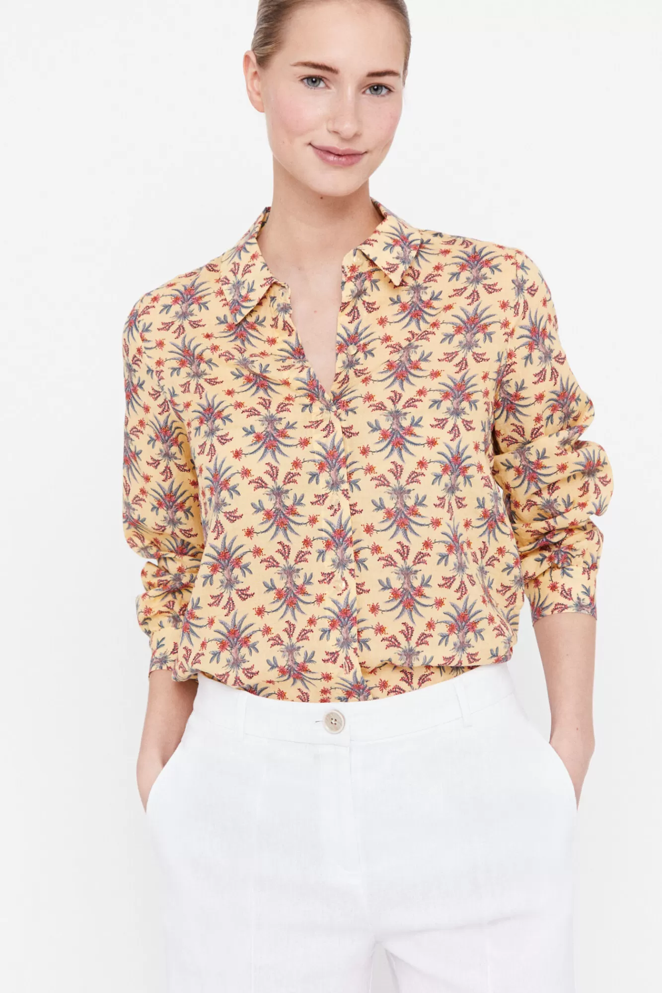 Clearance Cortefiel Printed Cotton Shirt Printed Yellow