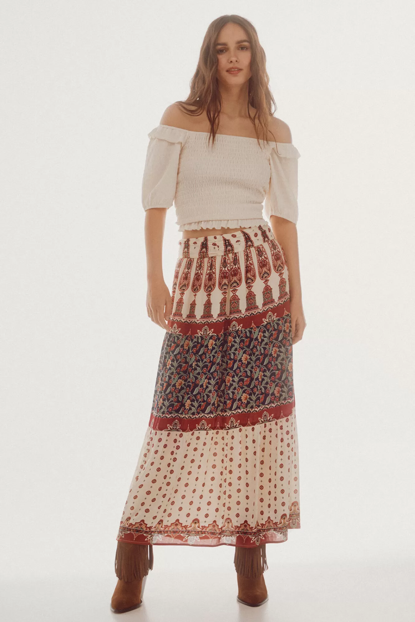 Hot Slowlove Printed Long Floaty Skirt Multicolour