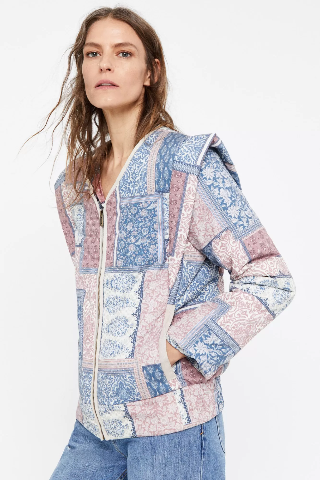 New Cortefiel Printed Quilted Jacket Printed Blue