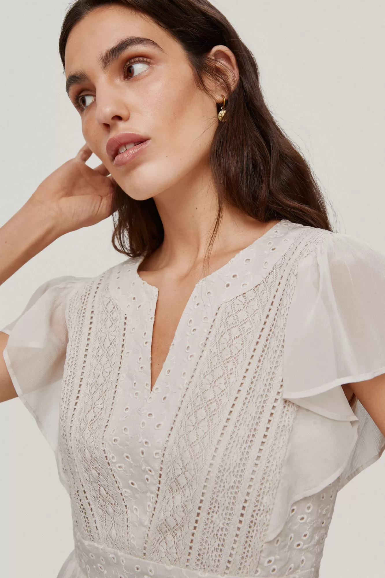 Shop Pedro del Hierro Romantic Embroidered Blouse Beige