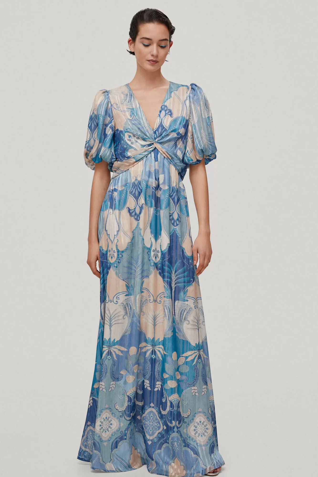 Hot TFP by Tamara Falcó Sandra Long Palm Tree Print Dress Blue