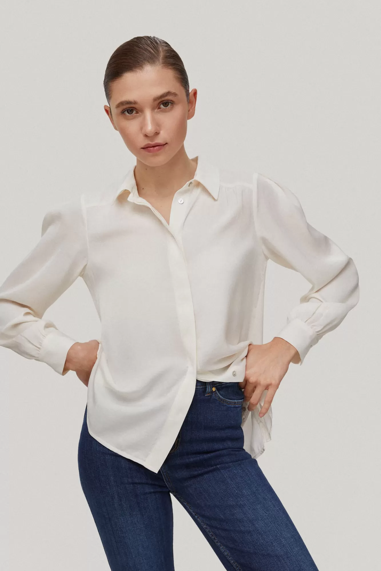 Shop Pedro del Hierro Satin Shirt Blouse Beige