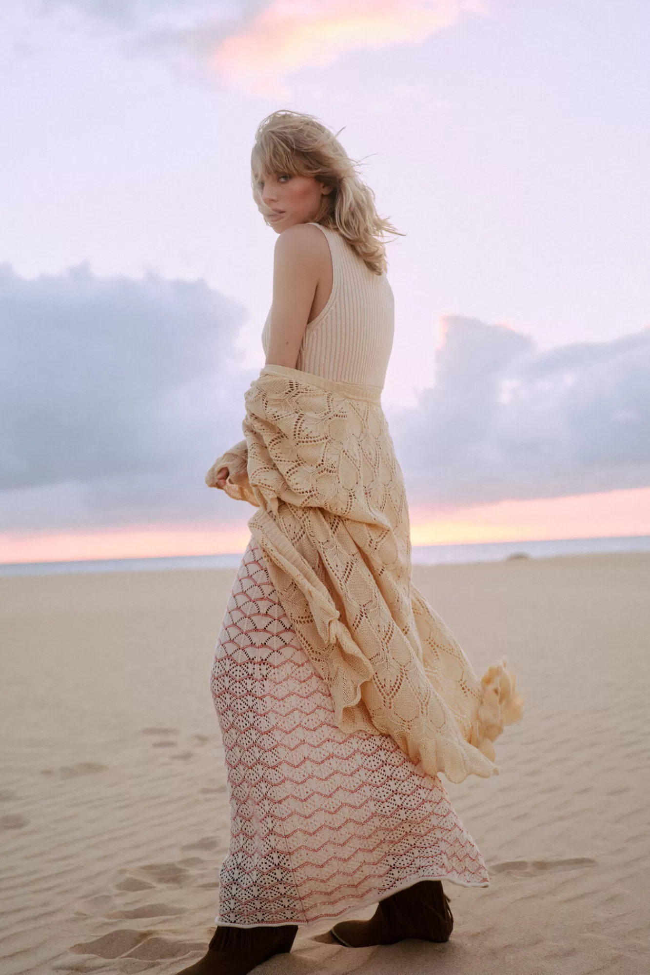 Shop Slowlove Scalloped Knit Dress Ivory