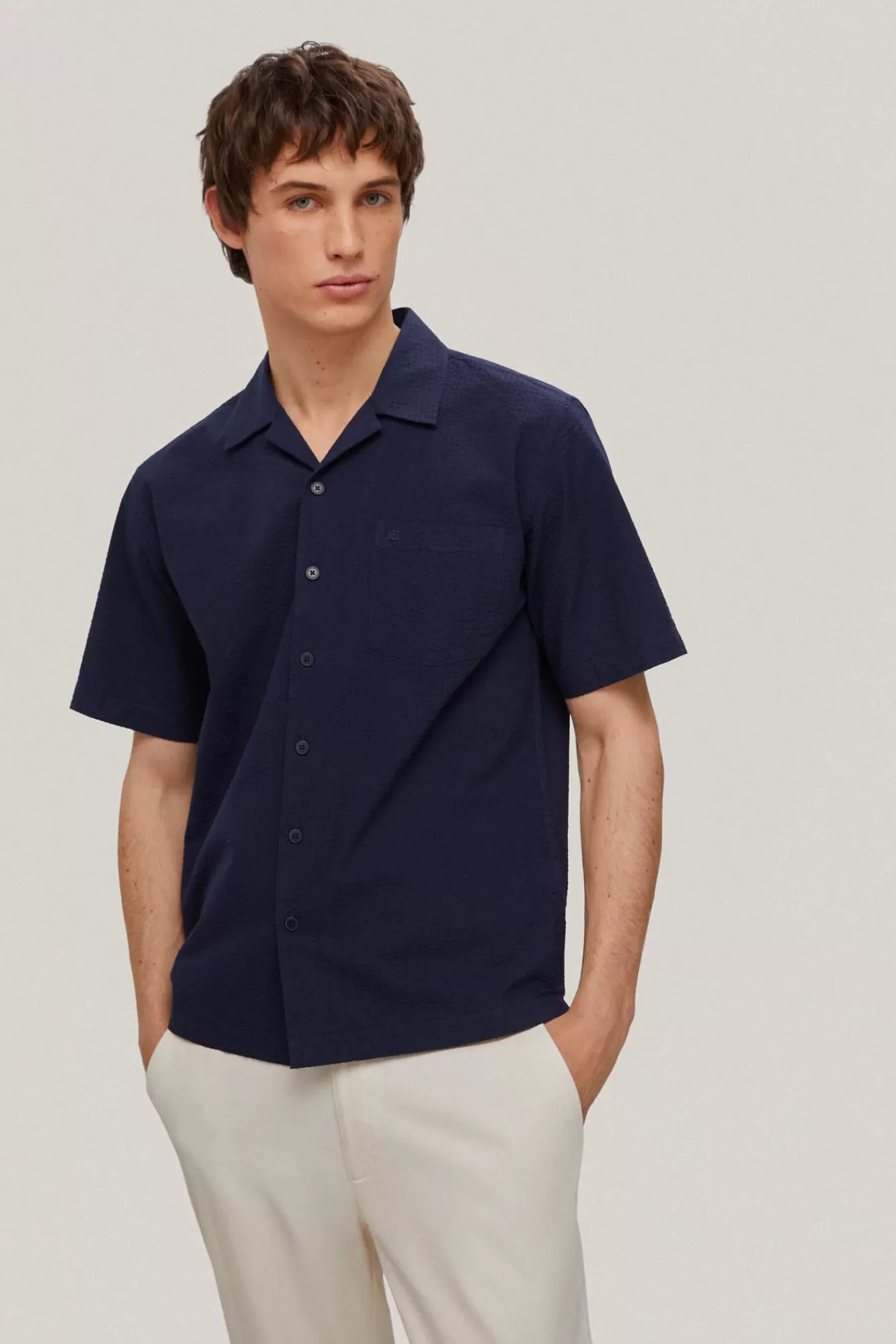 Store Pedro del Hierro Seersucker Camp Collar Shirt Blue