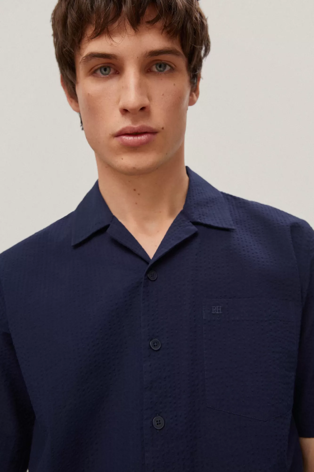 Store Pedro del Hierro Seersucker Camp Collar Shirt Blue