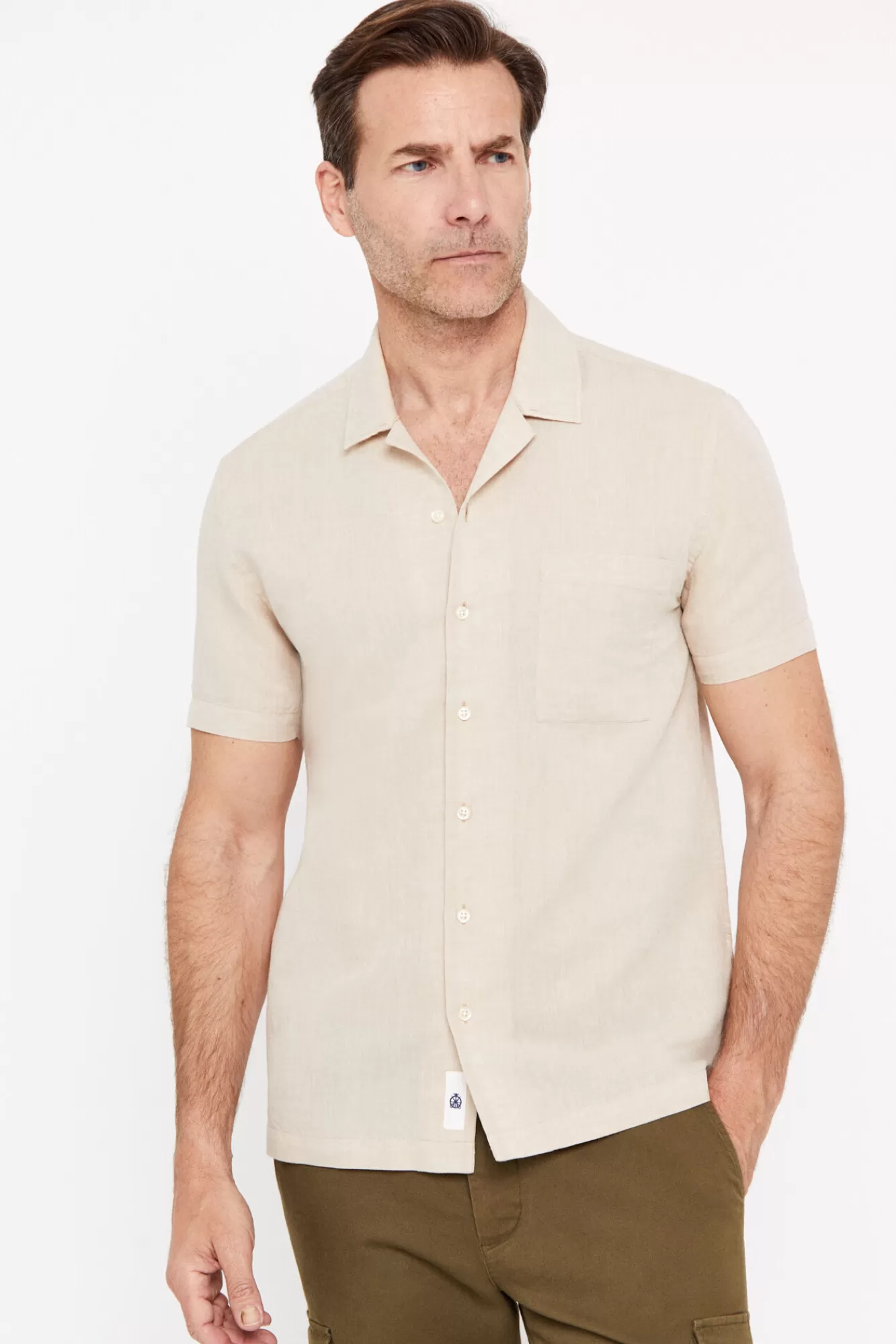 Best Cortefiel Short-Sleeved Cotton Linen Camp Collar Shirt Beige