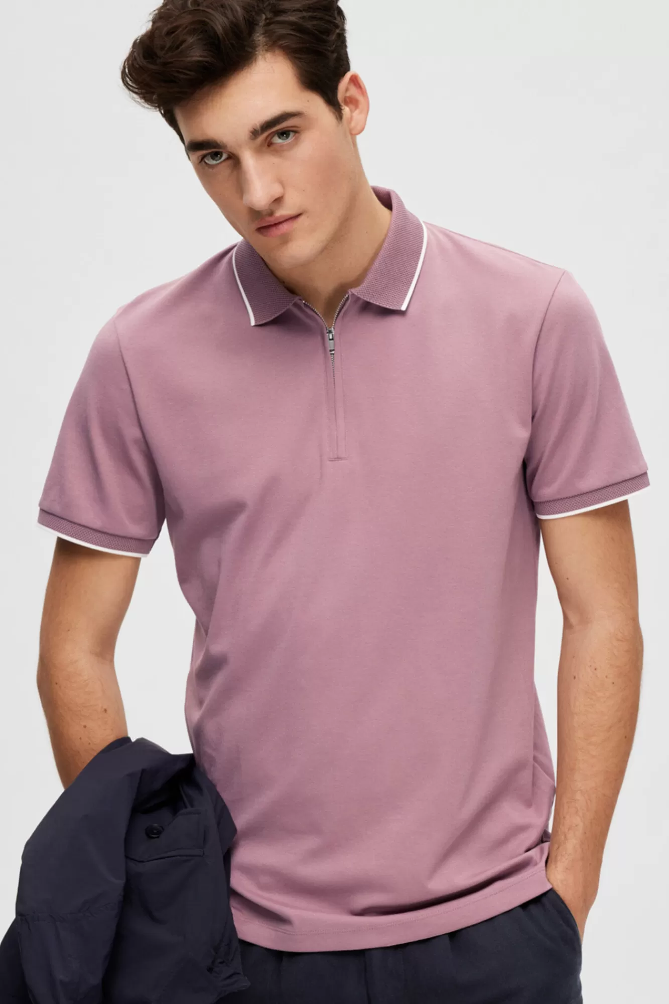 Outlet Selected Short-Sleeved Zipped Polo Shirt In Organic Cotton. Lilac