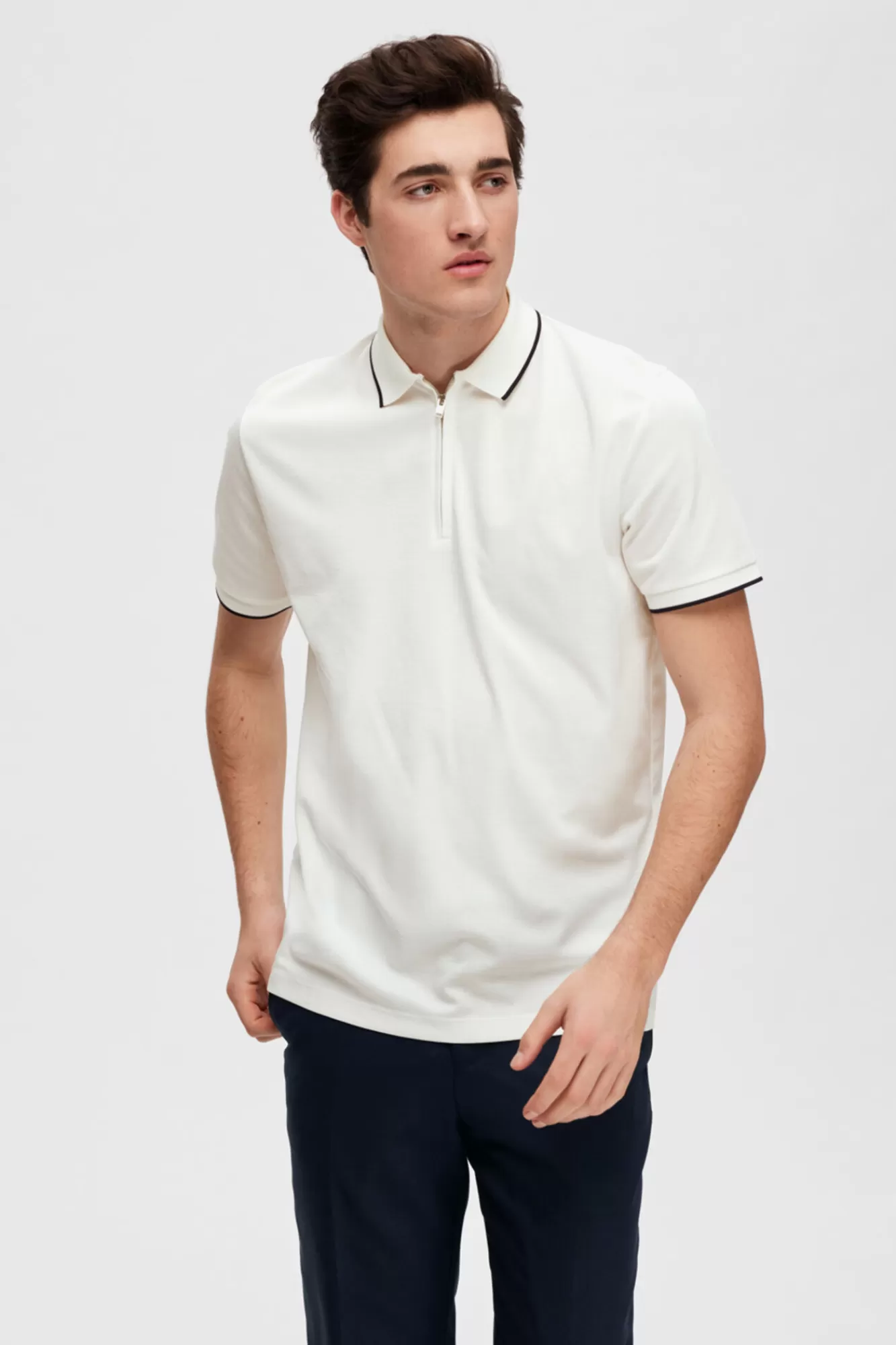 Online Selected Short-Sleeved Zipped Polo Shirt In Organic Cotton. White