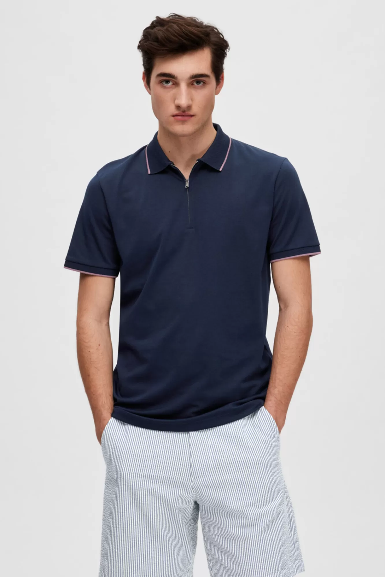 Discount Selected Short-Sleeved Zipped Polo Shirt In Organic Cotton. Grey