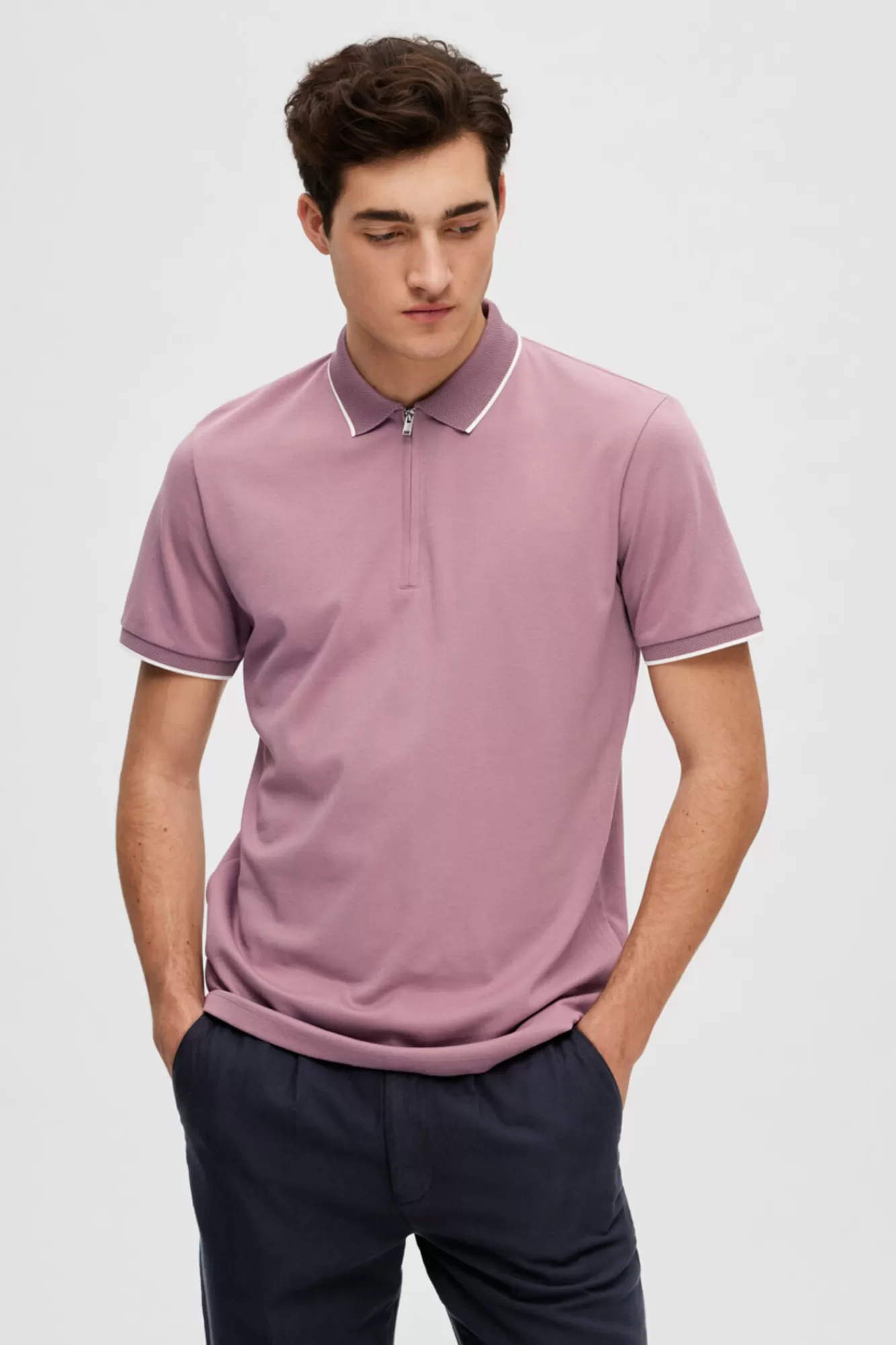 Outlet Selected Short-Sleeved Zipped Polo Shirt In Organic Cotton. Lilac