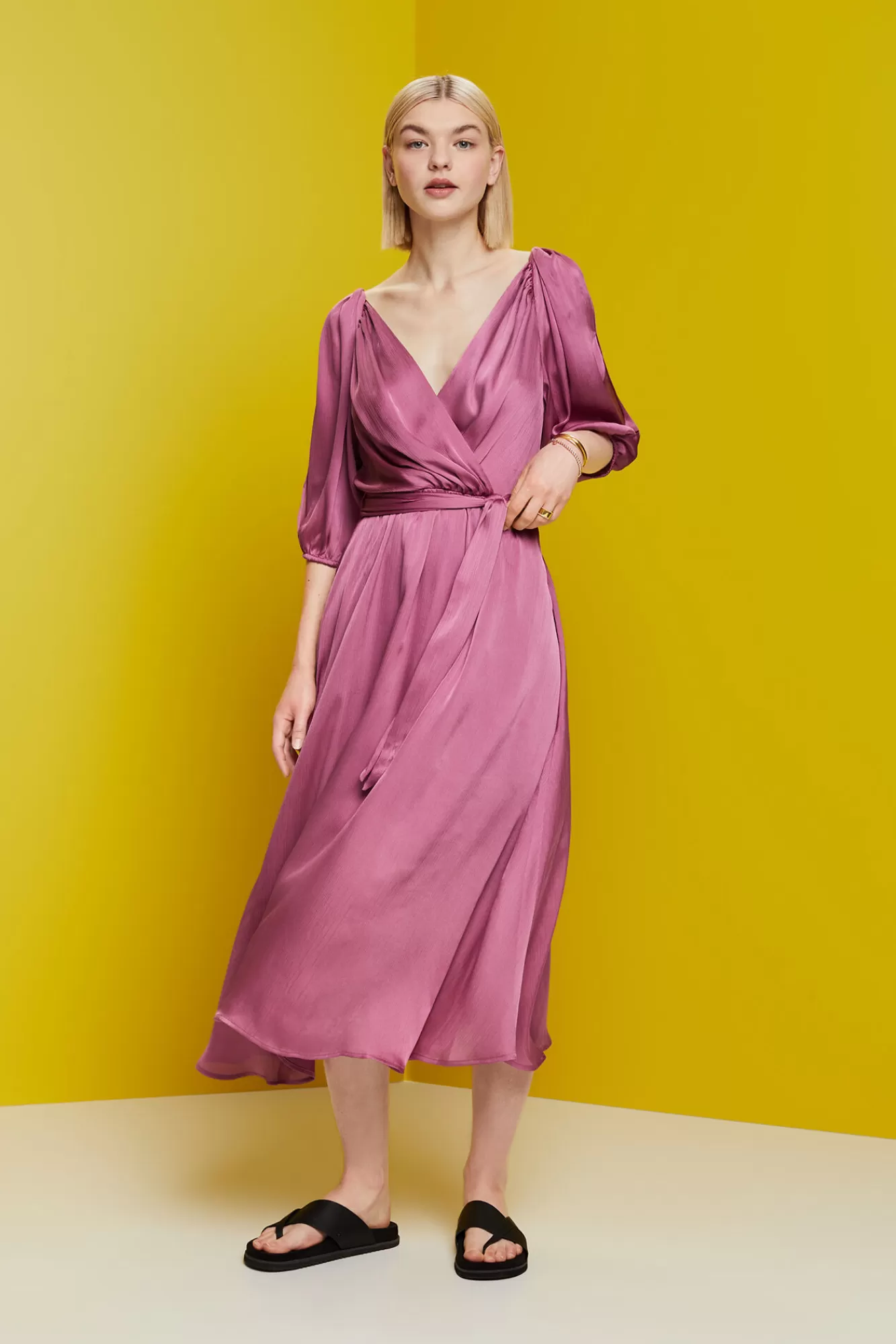 Online Esprit 3/4 Sleeve Satin-Finish Midi Dress Purple