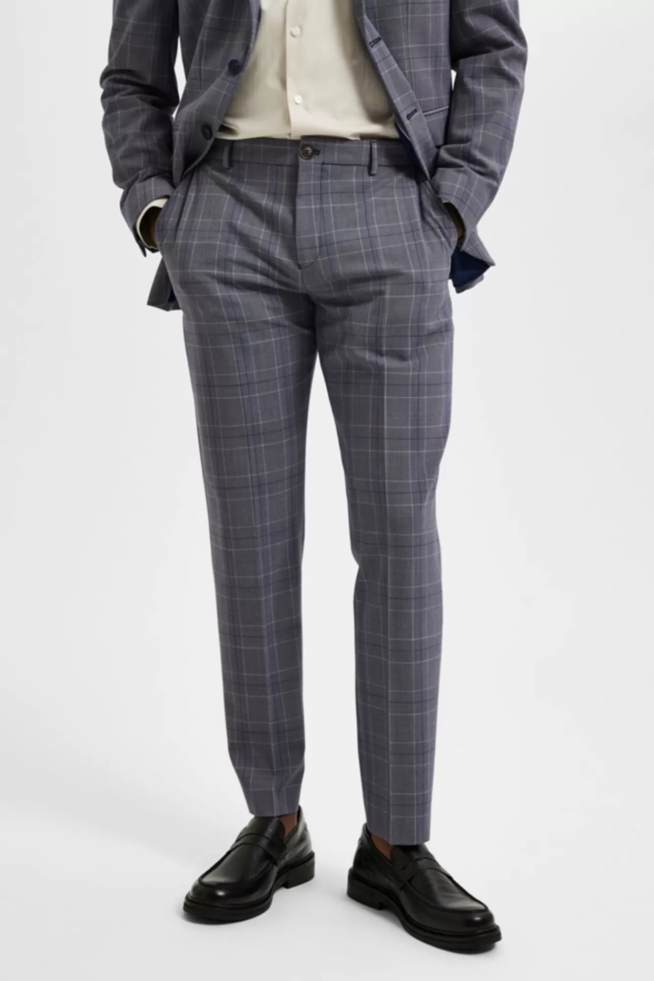 Discount Selected Slim Fit Checked Suit Trousers Blue