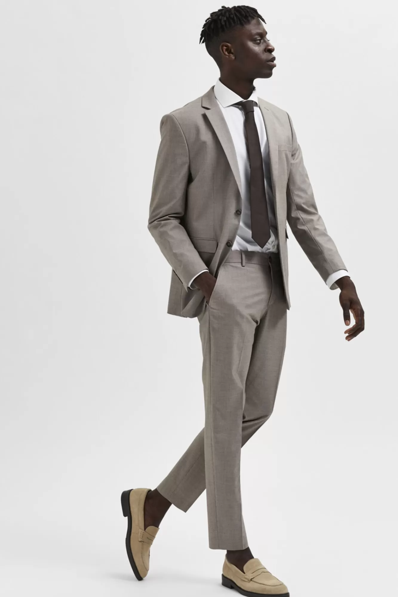 Online Selected Slim Fit Textured Suit Trousers Brown