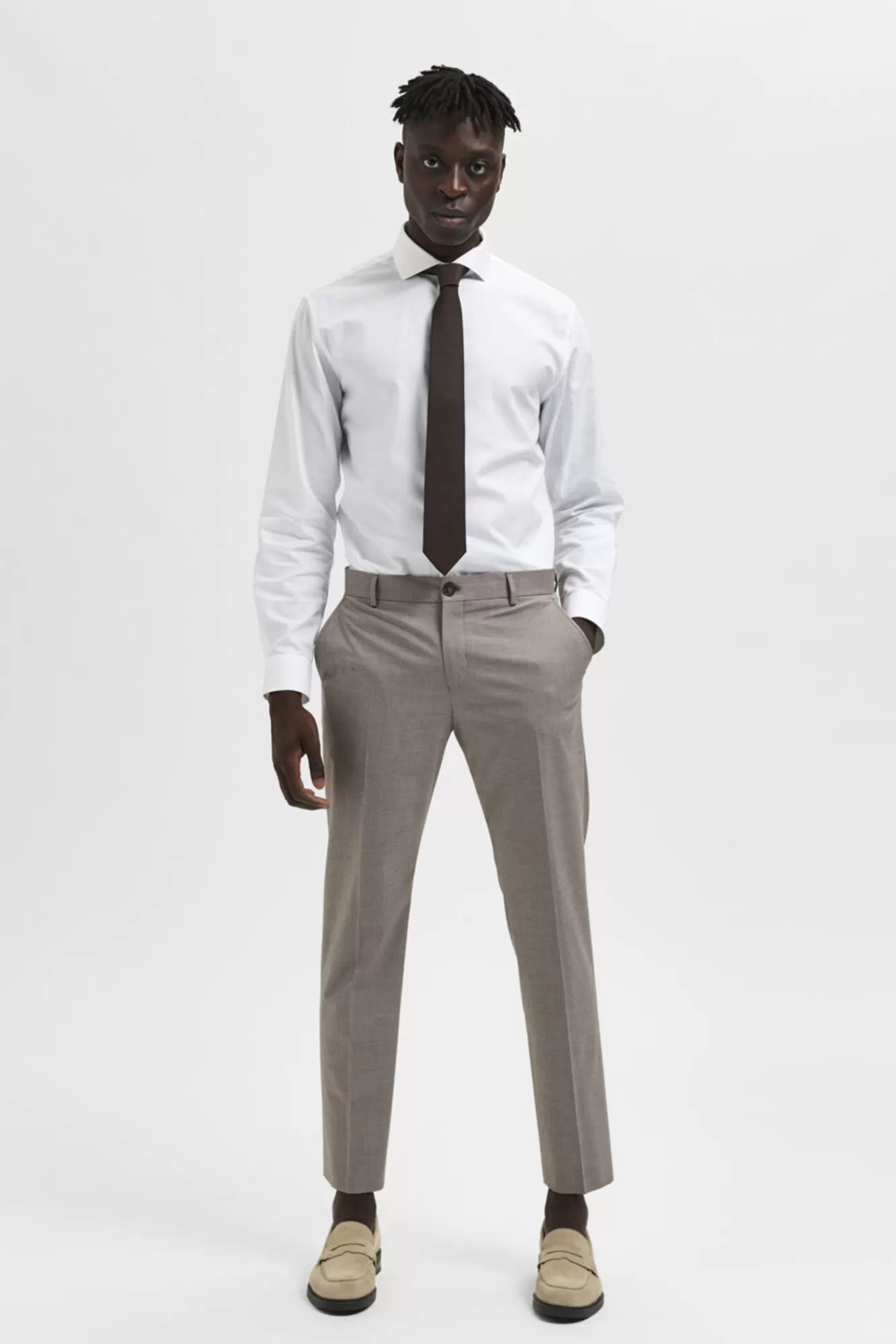 Online Selected Slim Fit Textured Suit Trousers Brown