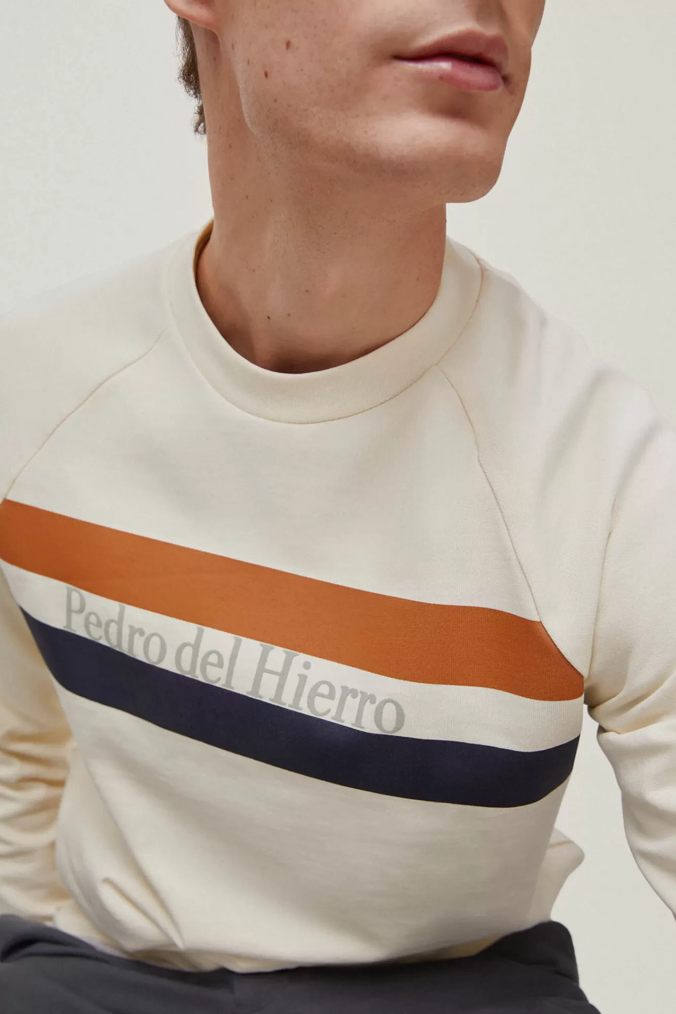 Hot Pedro del Hierro Striped Crew Neck Logo Sweatshirt Ecru