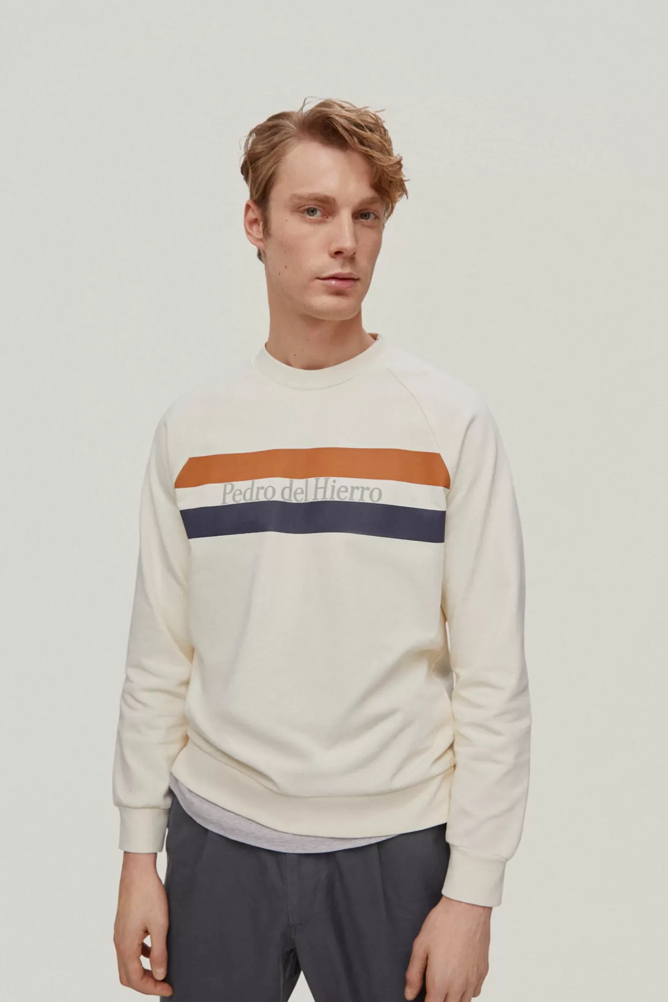 Hot Pedro del Hierro Striped Crew Neck Logo Sweatshirt Ecru