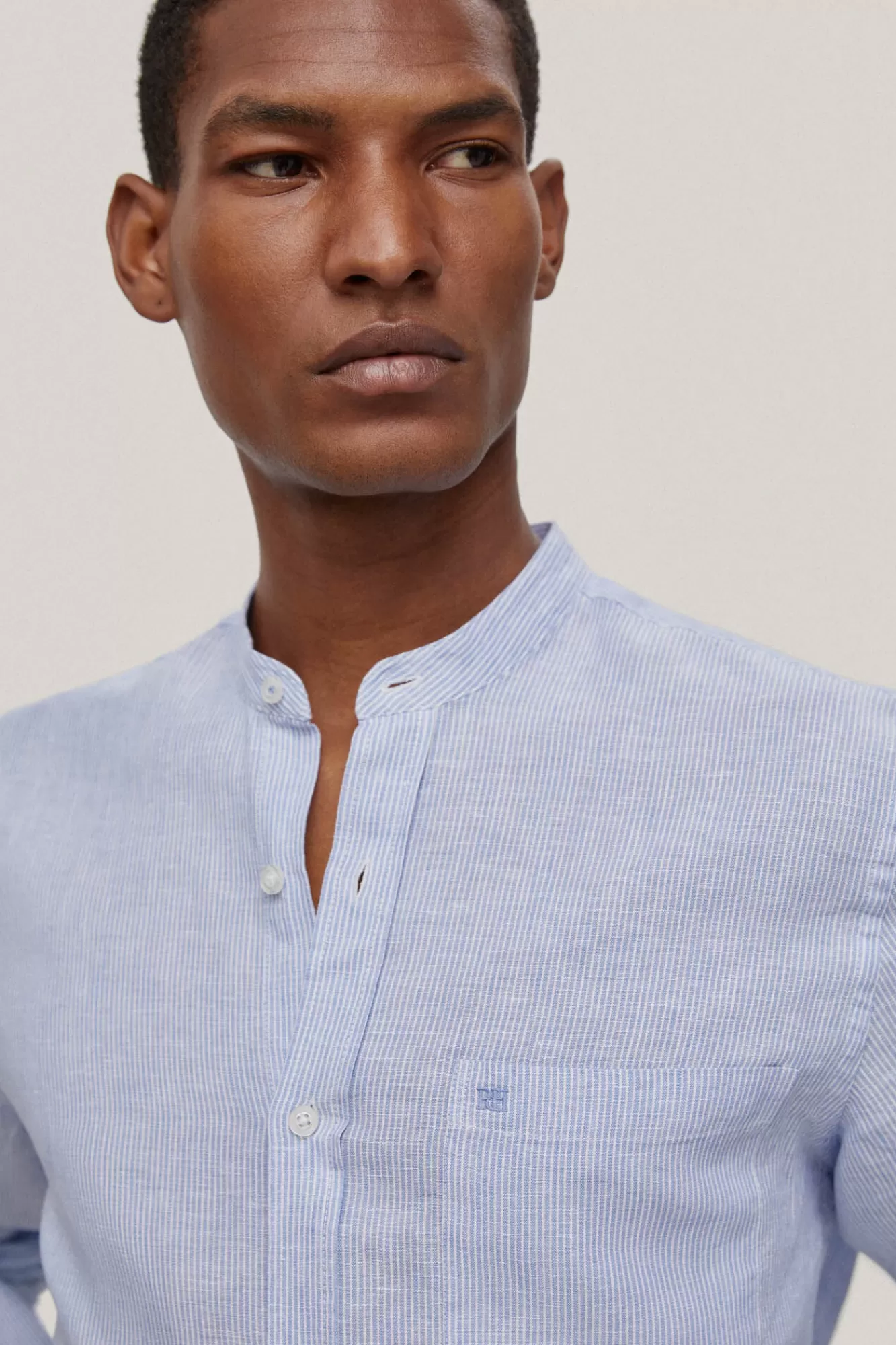 Online Pedro del Hierro Striped Linen Mandarin Collar Shirt Blue