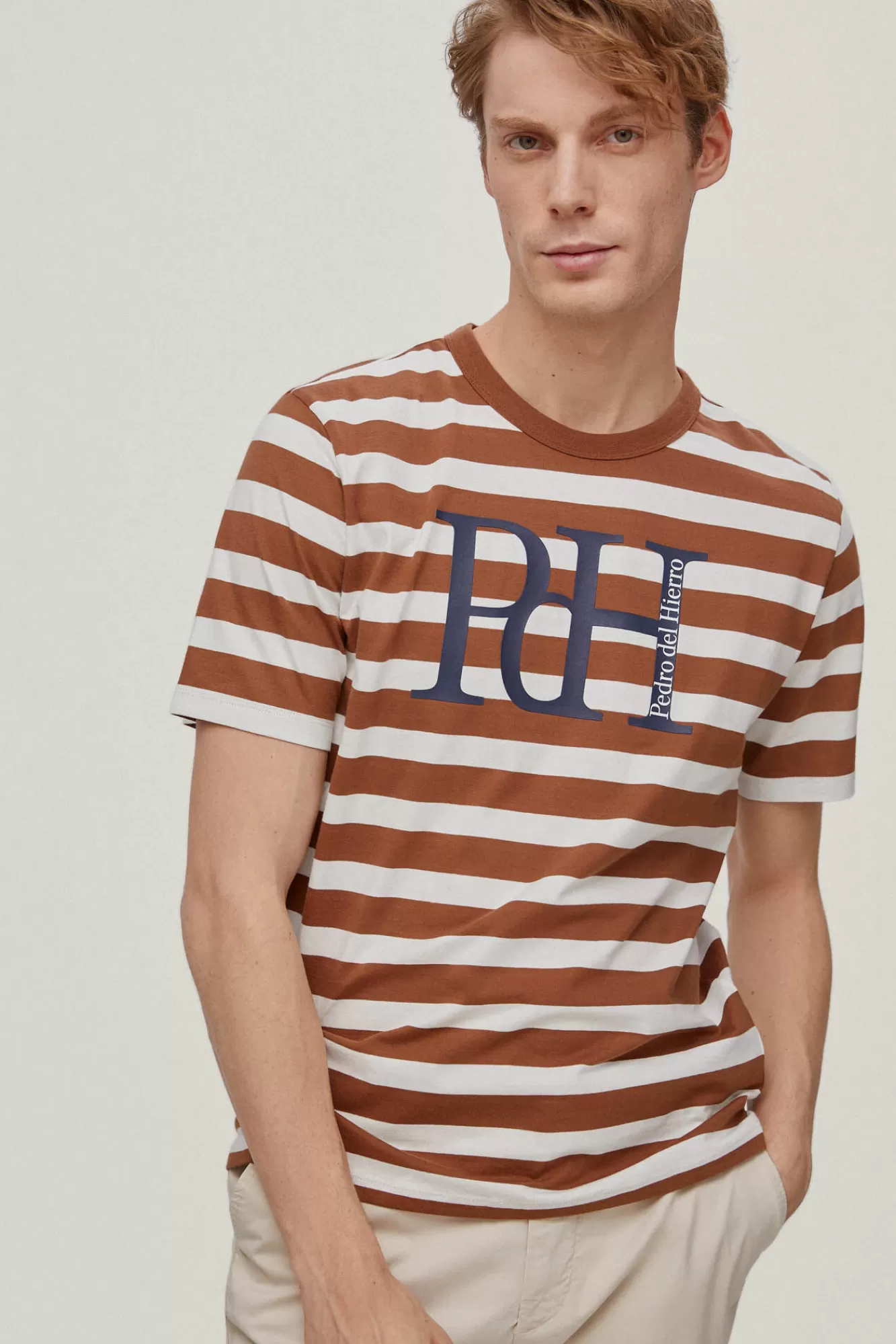 Hot Pedro del Hierro Striped Logo T-Shirt Brown