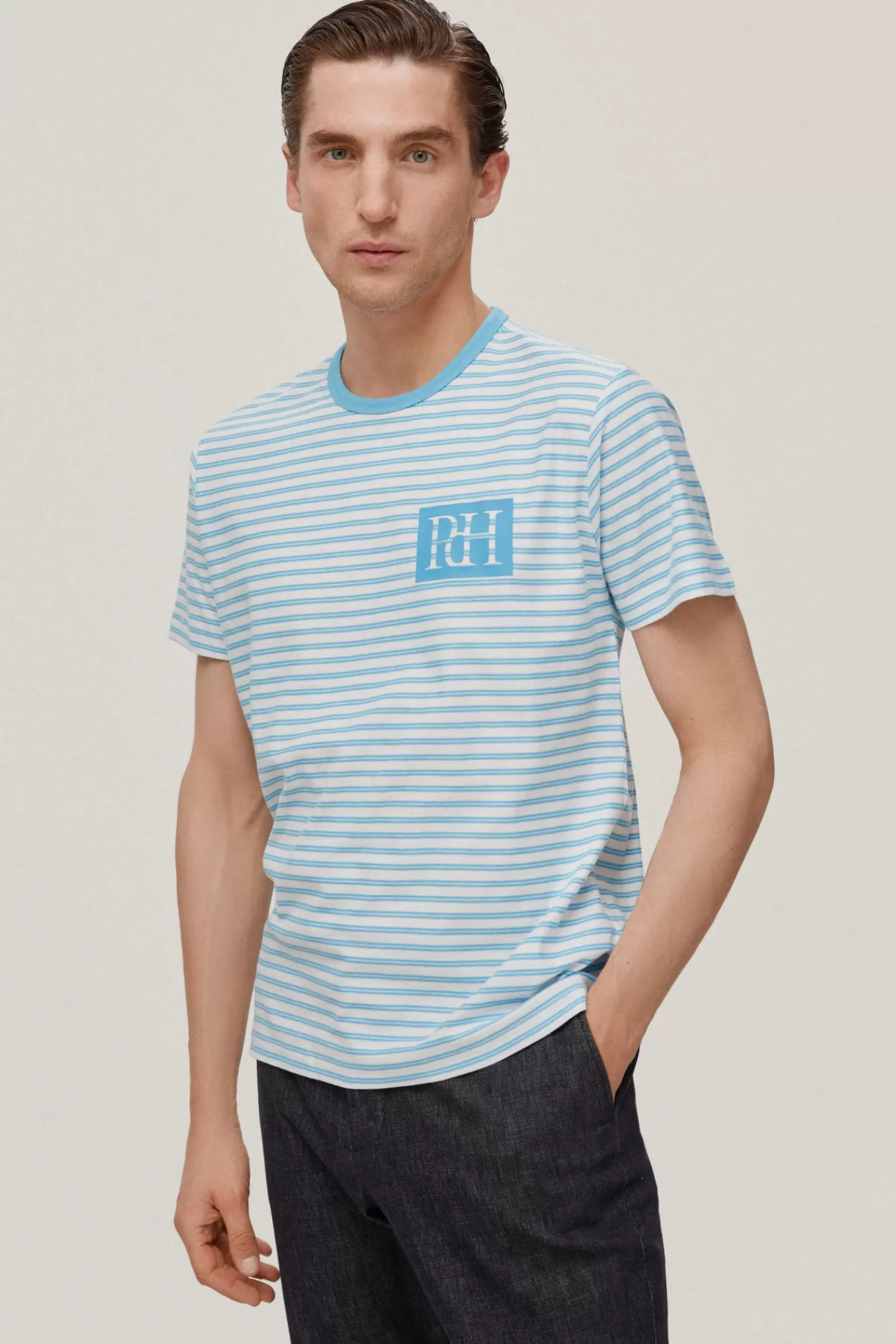 Hot Pedro del Hierro Striped Logo T-Shirt Blue