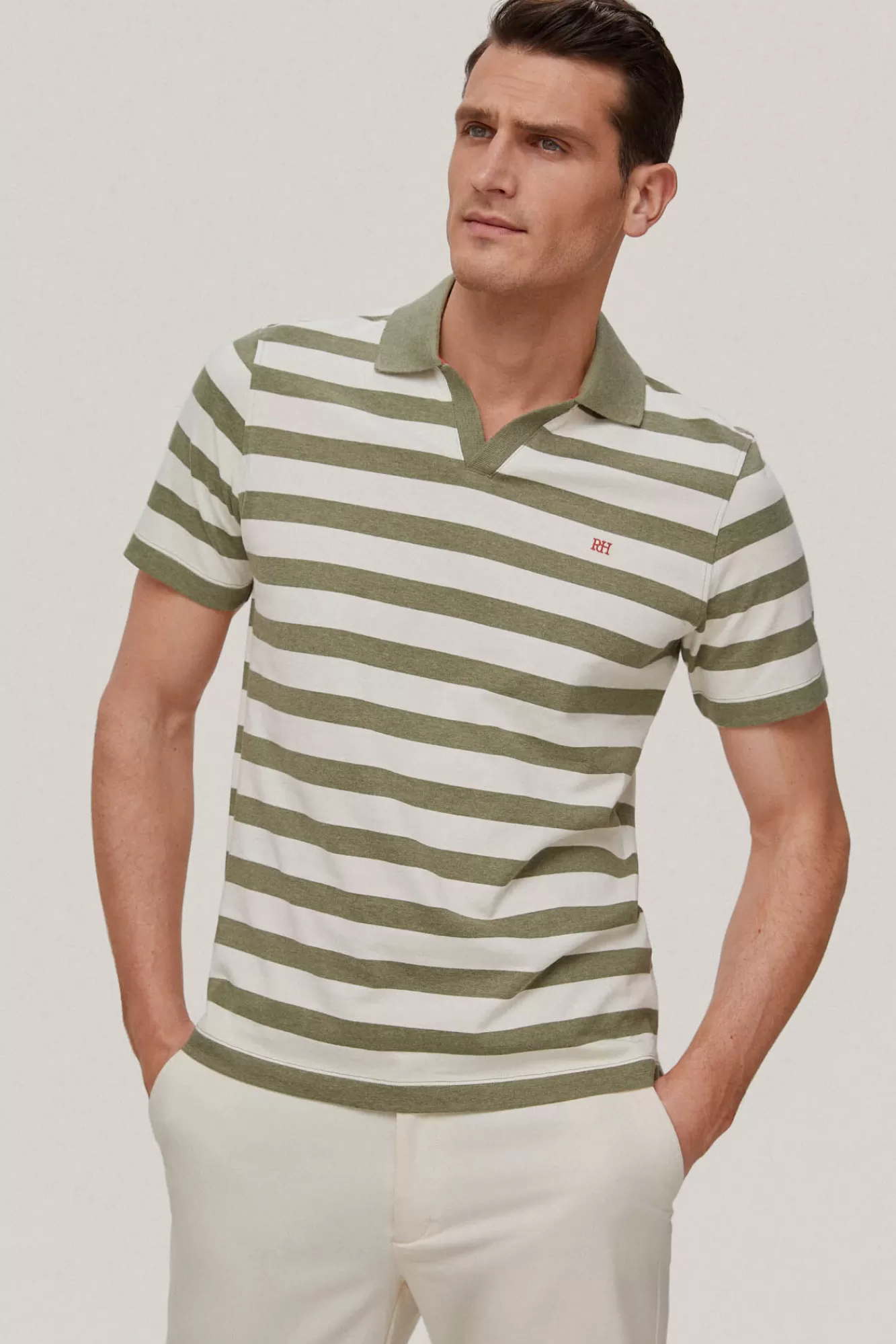 Best Sale Pedro del Hierro Striped Open Neck Polo Shirt Green