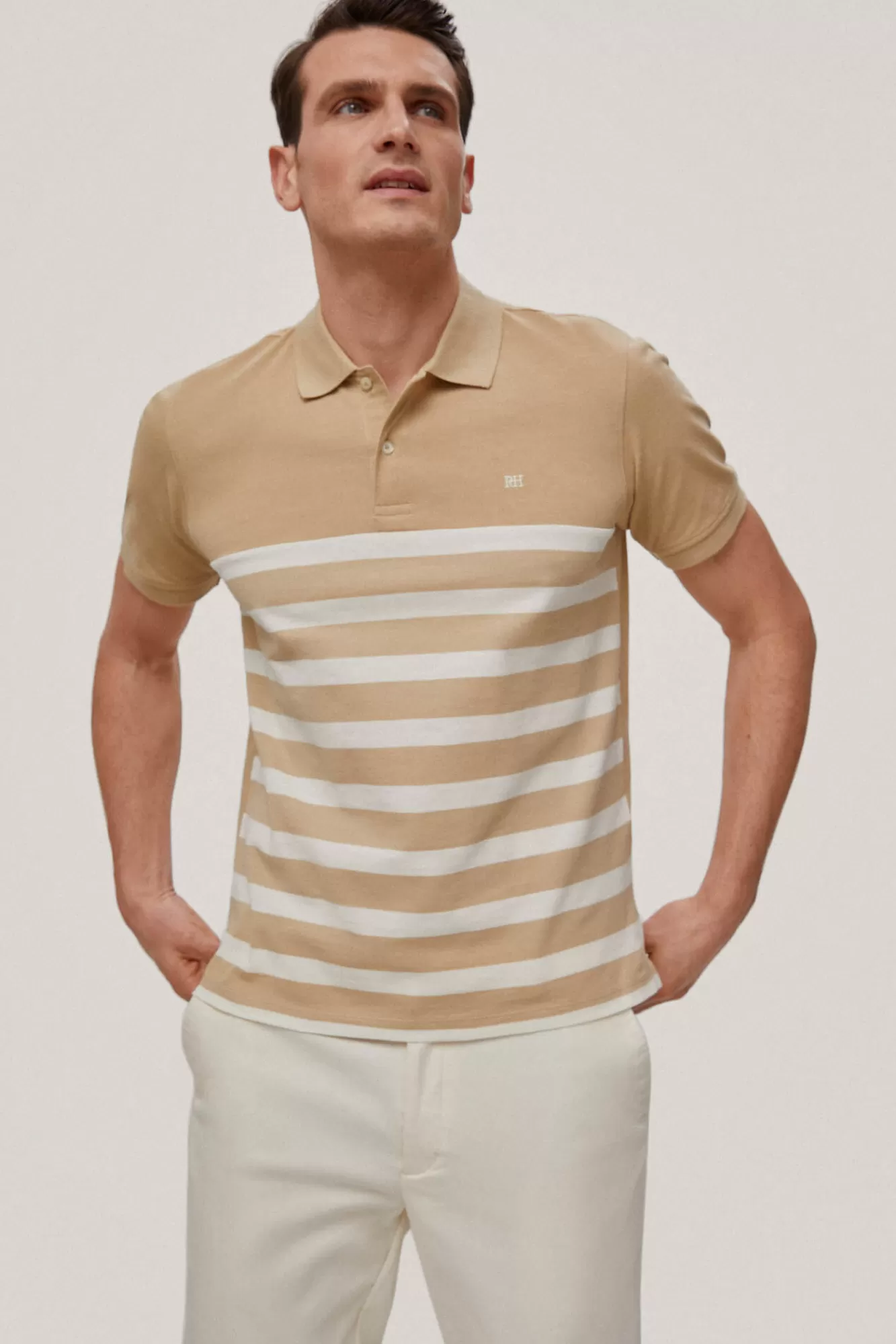 Best Sale Pedro del Hierro Striped Patterned Polo Shirt Beige