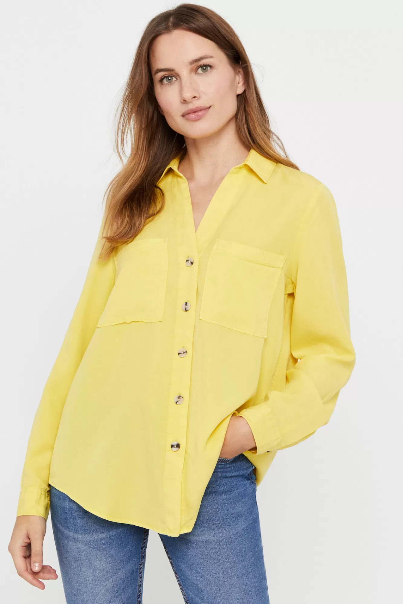 Shop Cortefiel Tencel Denim Shirt Yellow