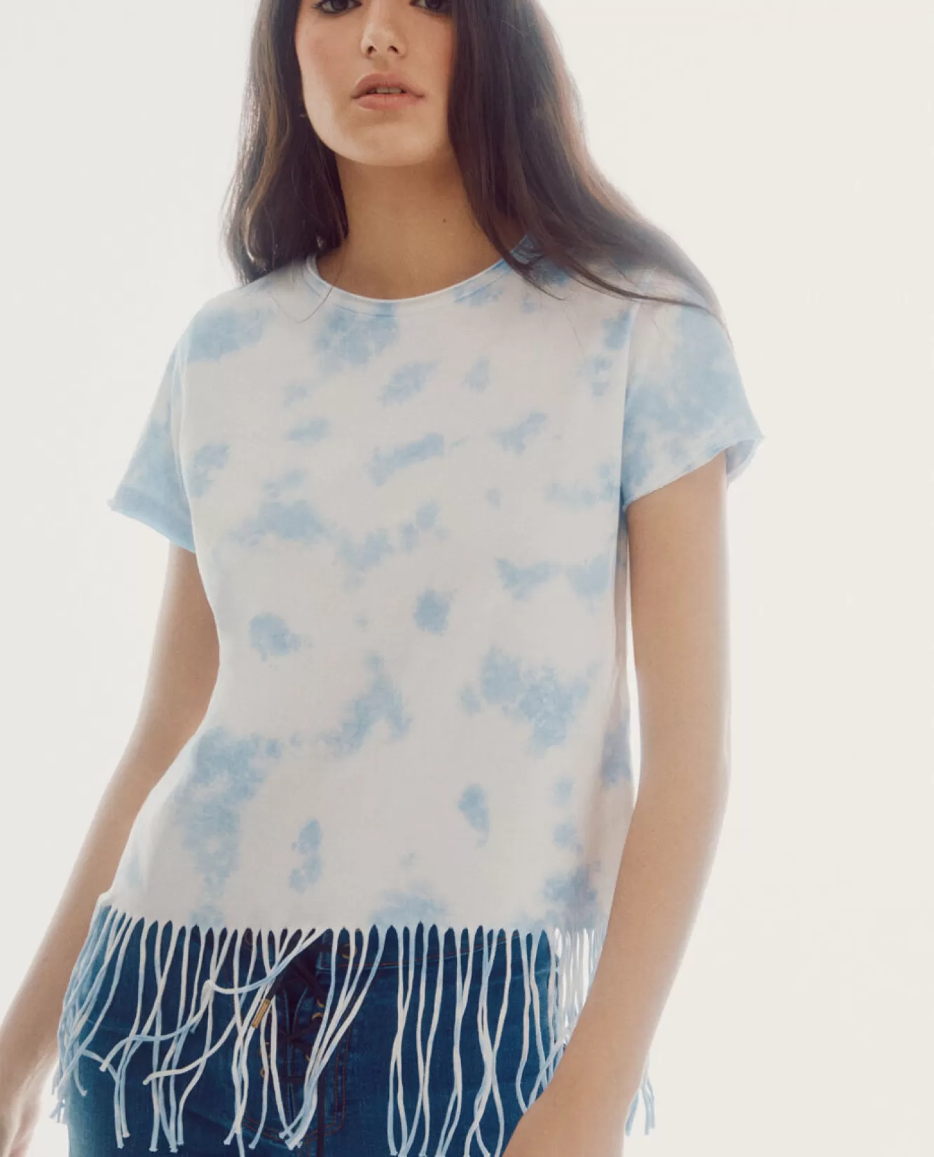 New Slowlove T-Shirt With Fringed Hem Printed Blue