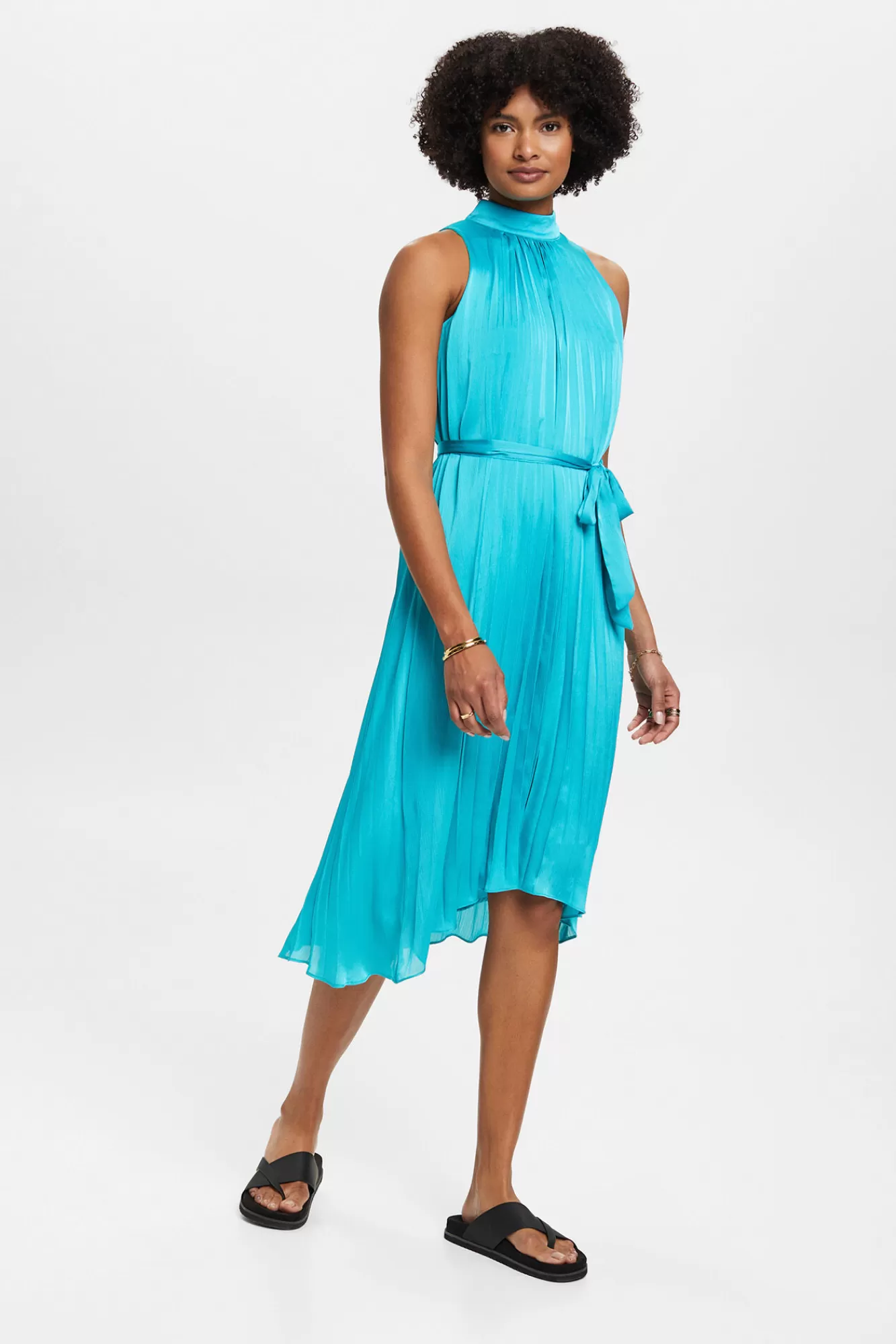 Discount Esprit Vestido Satinado Midi Plisado Sin Mangas Turquoise