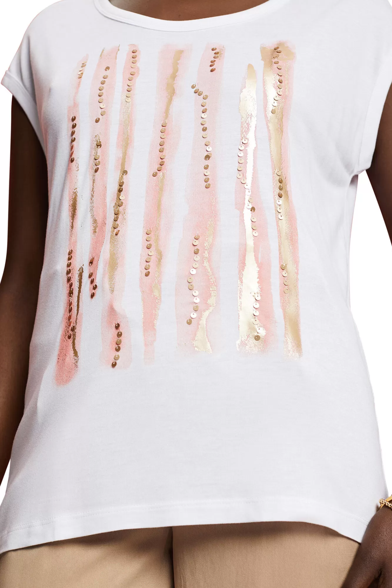 New Esprit Viscose Short-Sleeved T-Shirt With Sequins Printed White