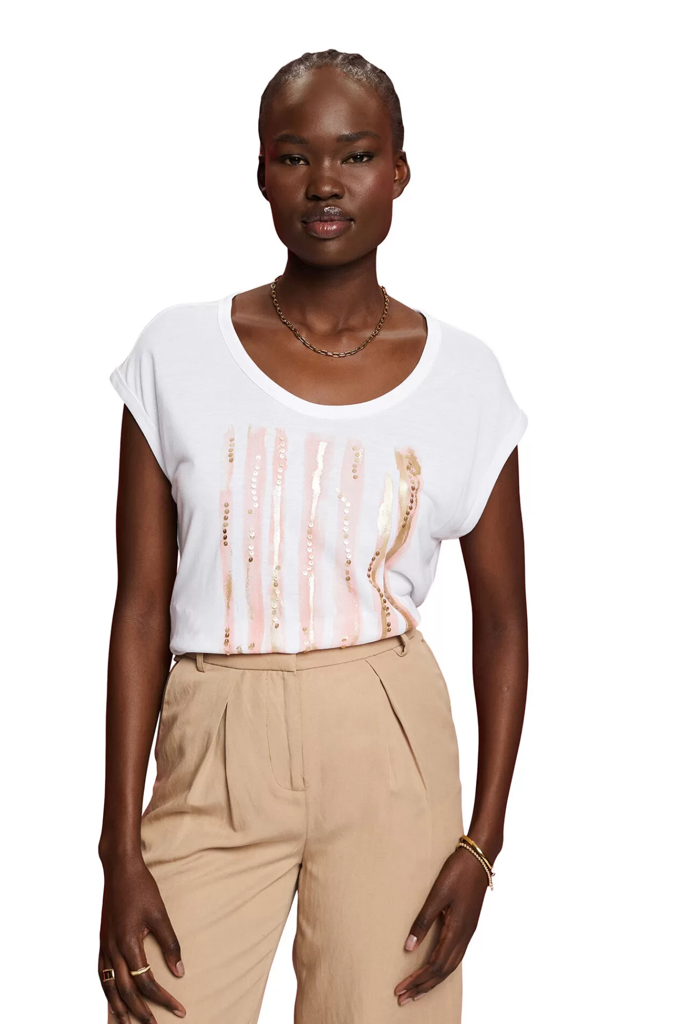 New Esprit Viscose Short-Sleeved T-Shirt With Sequins Printed White