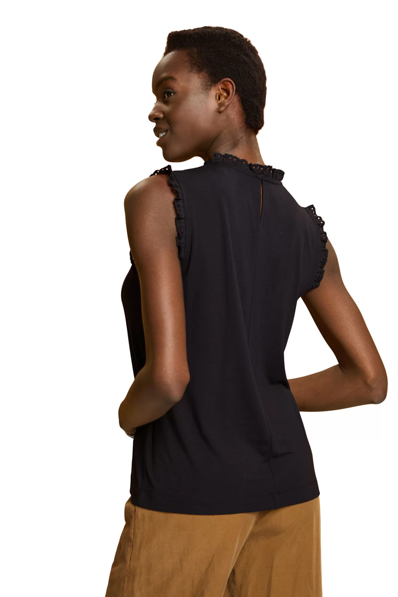 Fashion Esprit Viscose Sleeveless Ruffle Neck Blouse Black