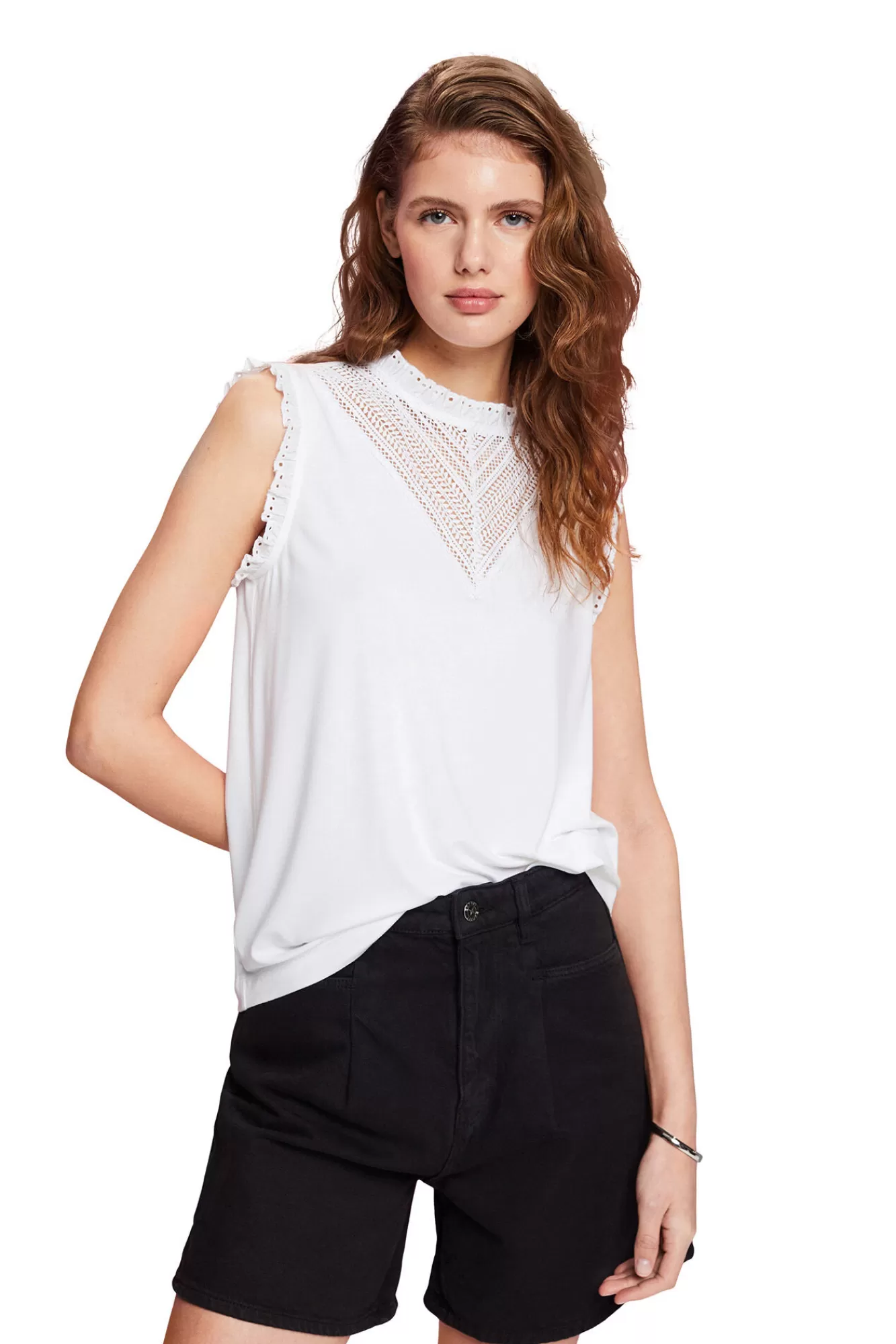 Cheap Esprit Viscose Sleeveless Ruffle Neck Blouse White